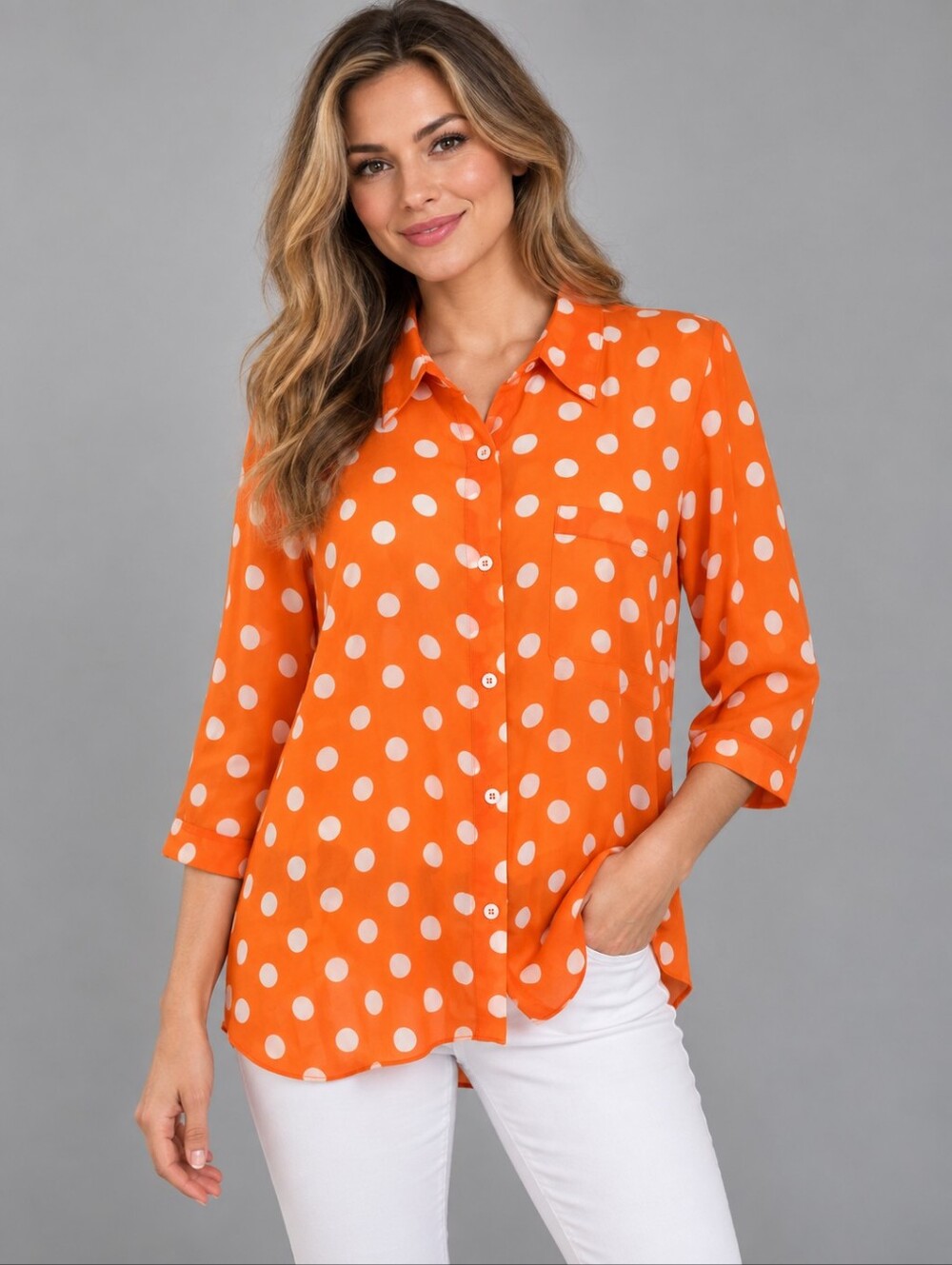 UMGEE Orange Polka Dot Oversized Button-Up Sheer High Low Shirt